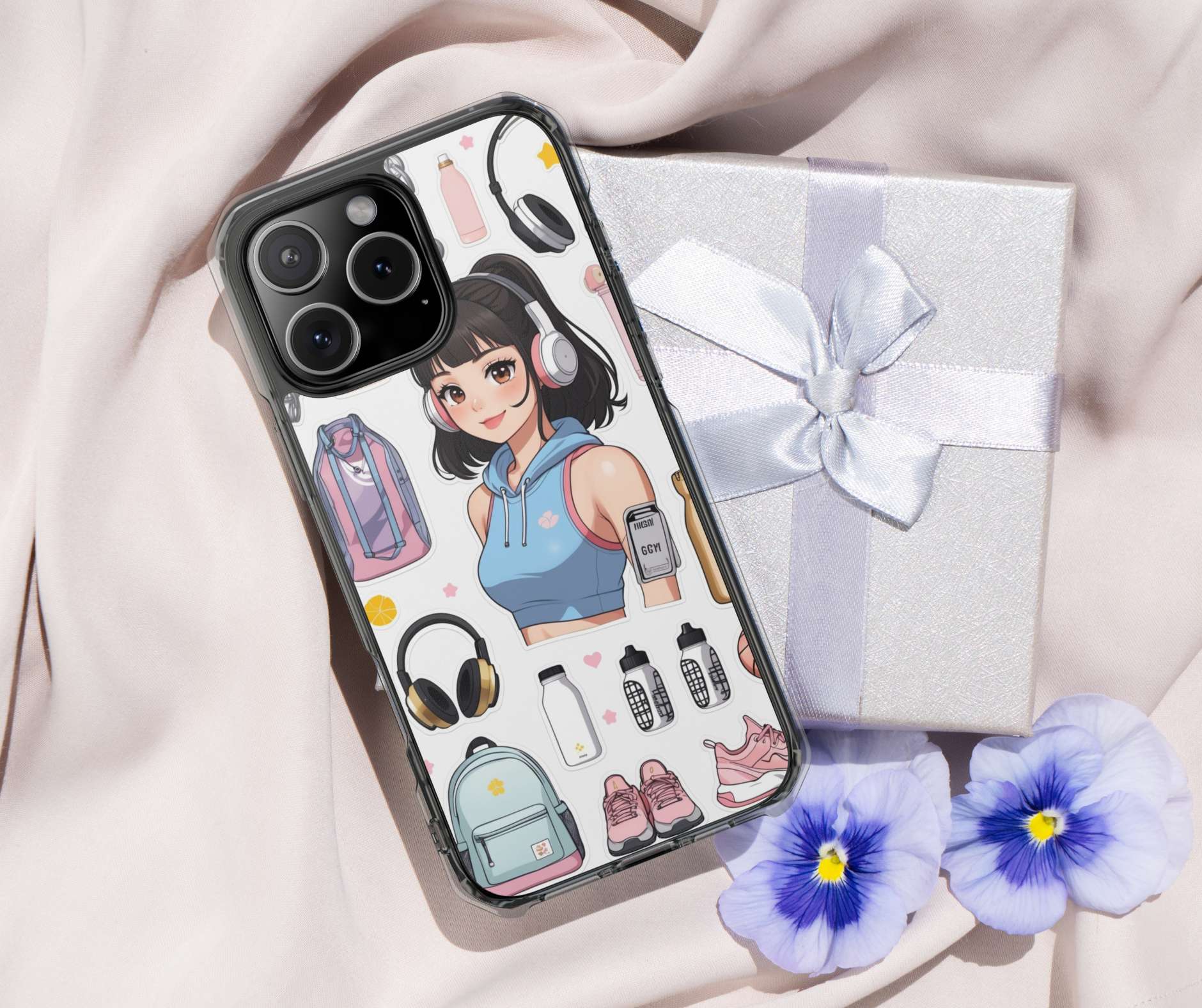 Gift for Gym girl Trendy Clear Phone Case with Anime Cartoon Design.