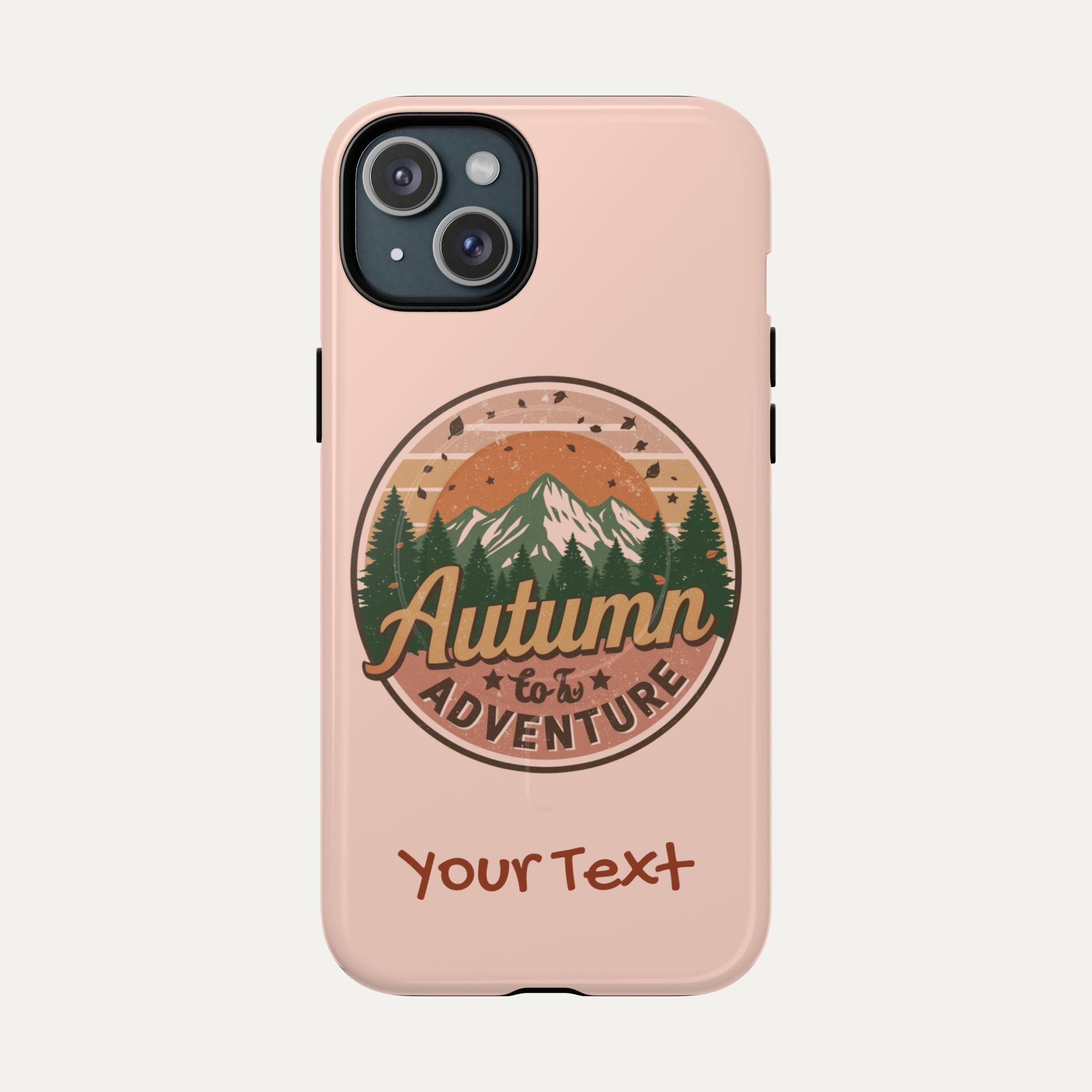 Phone case with autumn adventure design on a pink background