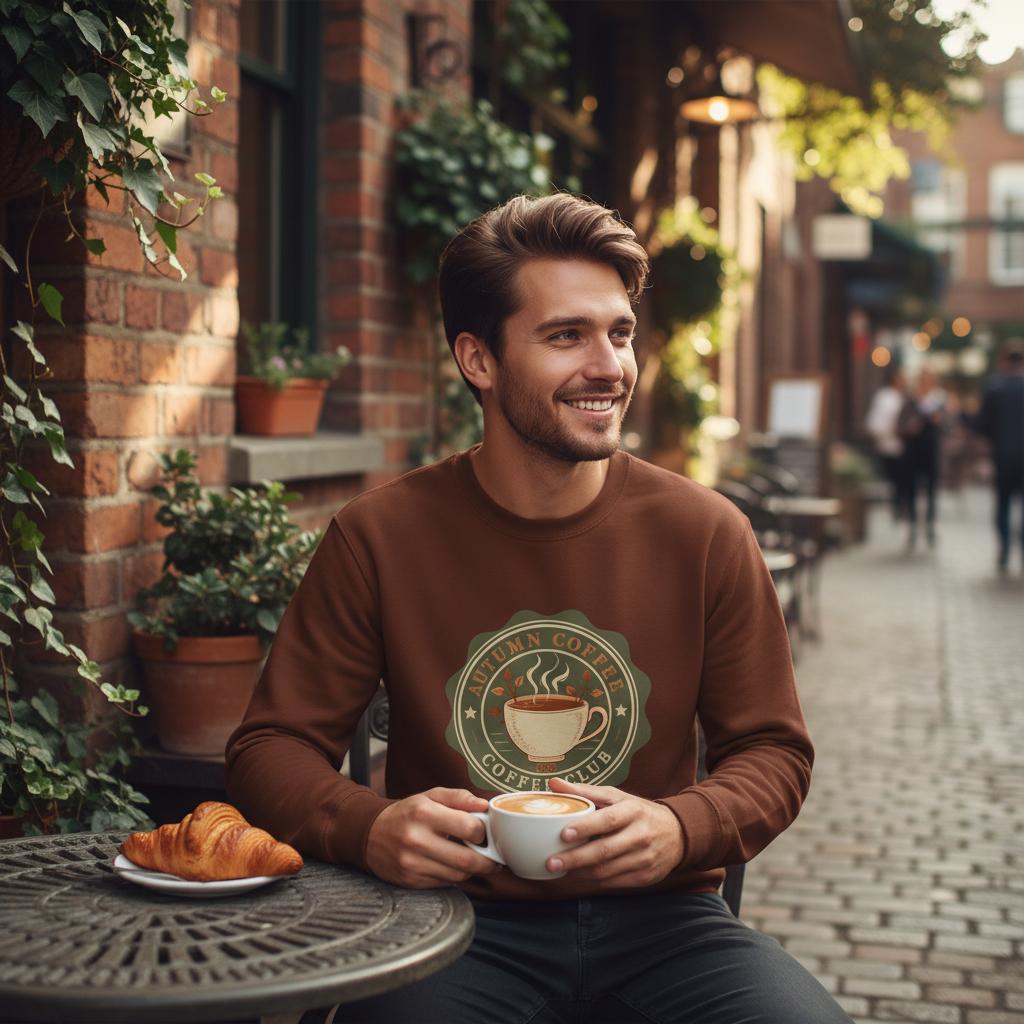 Man sitting outdoors holding a coffee cup and croissant, wearing a brown sweater with a coffee shop logo.