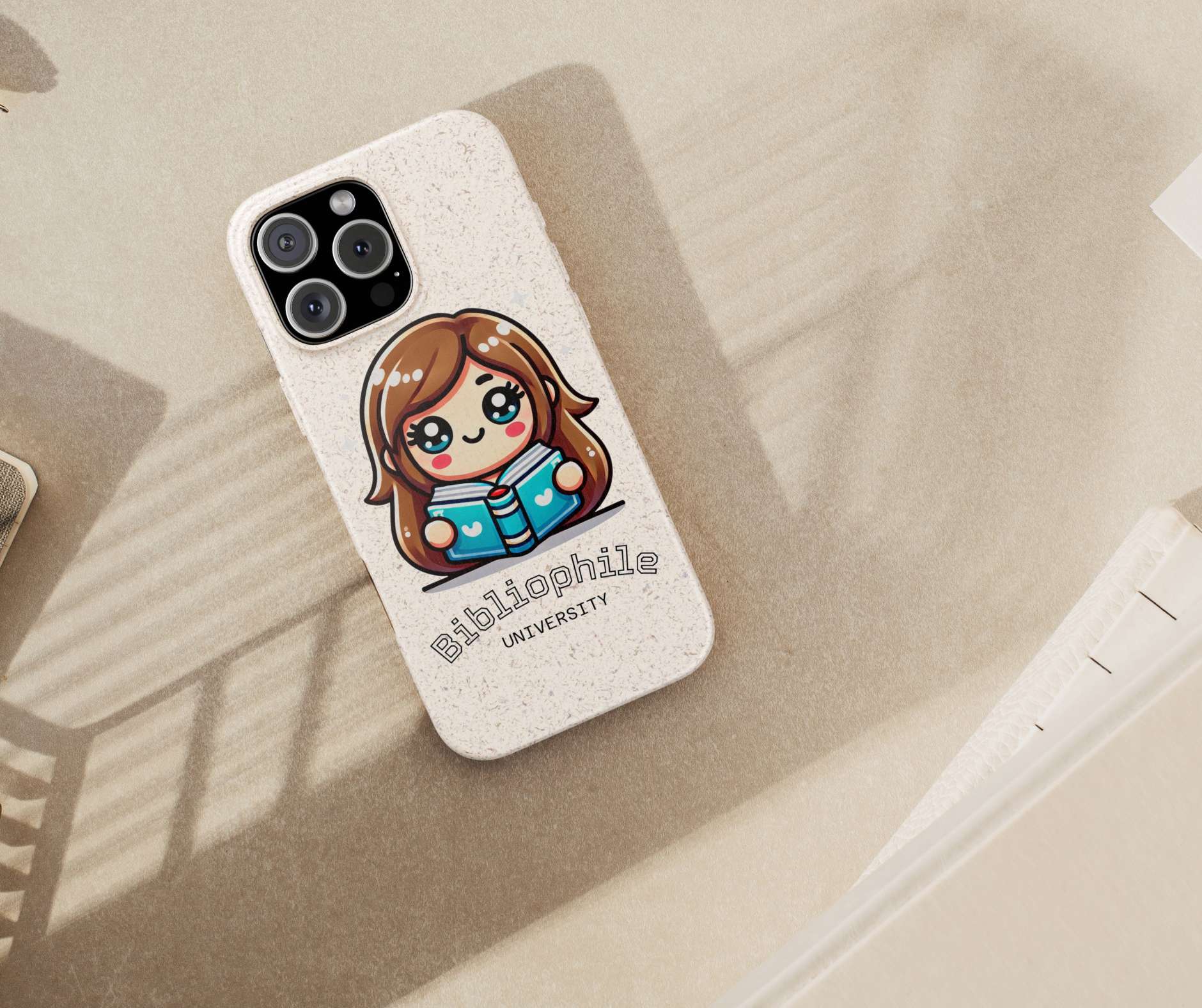 Phone case with a cute illustration of a girl reading a book and the text 'Bibliophile University' on a beige surface.