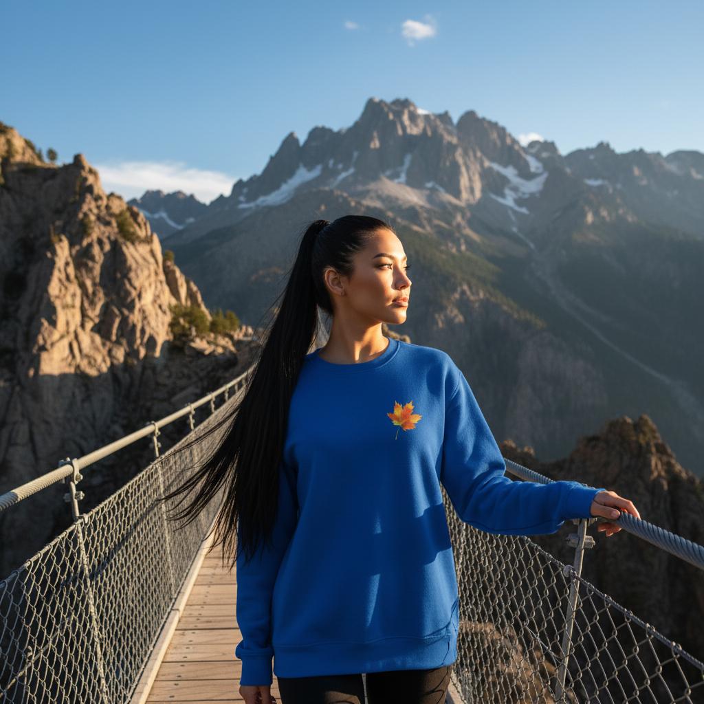 Woman in a blue sweatshirt standing on a suspension bridge with mountains in the background