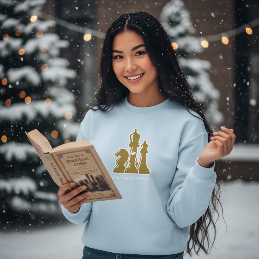 Woman wearing a light blue sweatshirt with a chess design, holding a book, standing in a snowy outdoor setting.