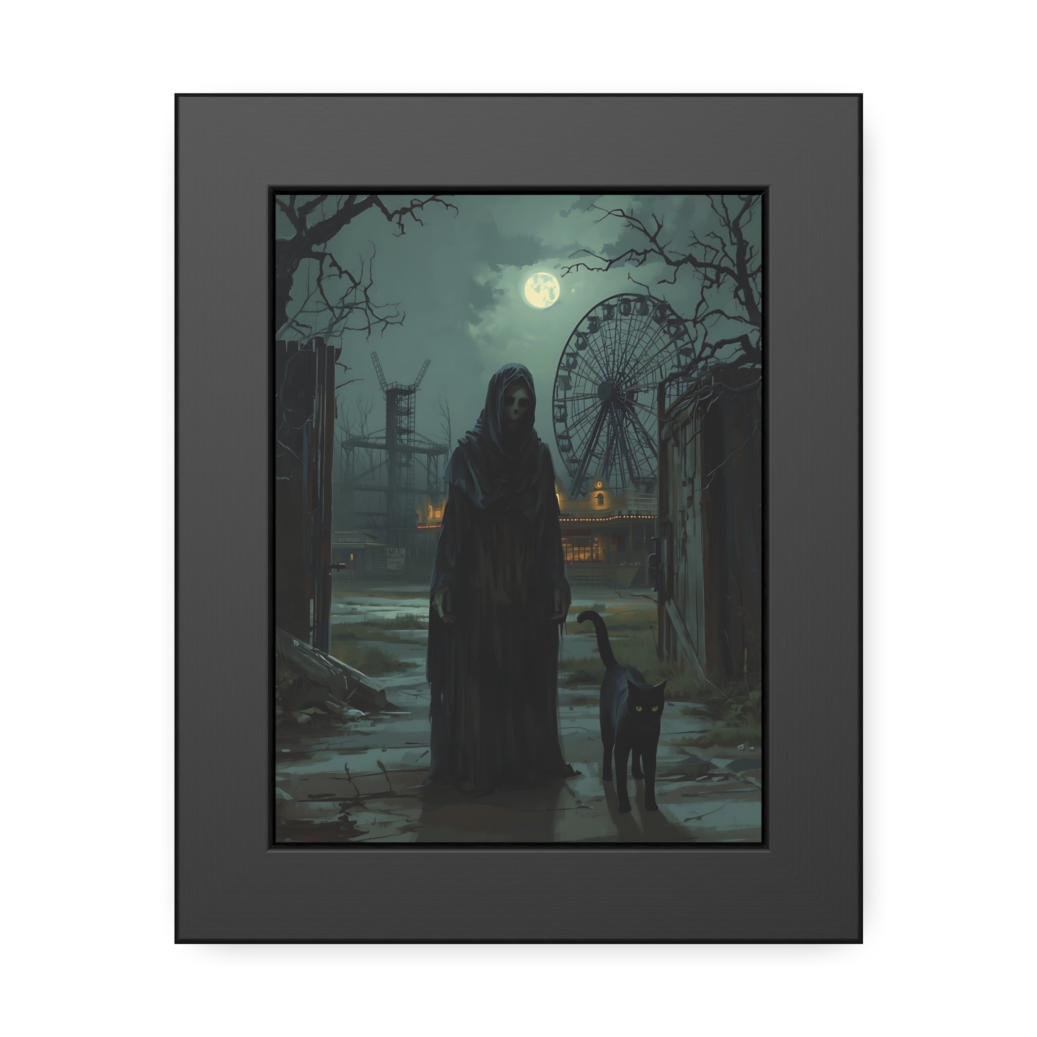 Framed artwork of a figure in a dark robe with a cat in a dystopian landscape.