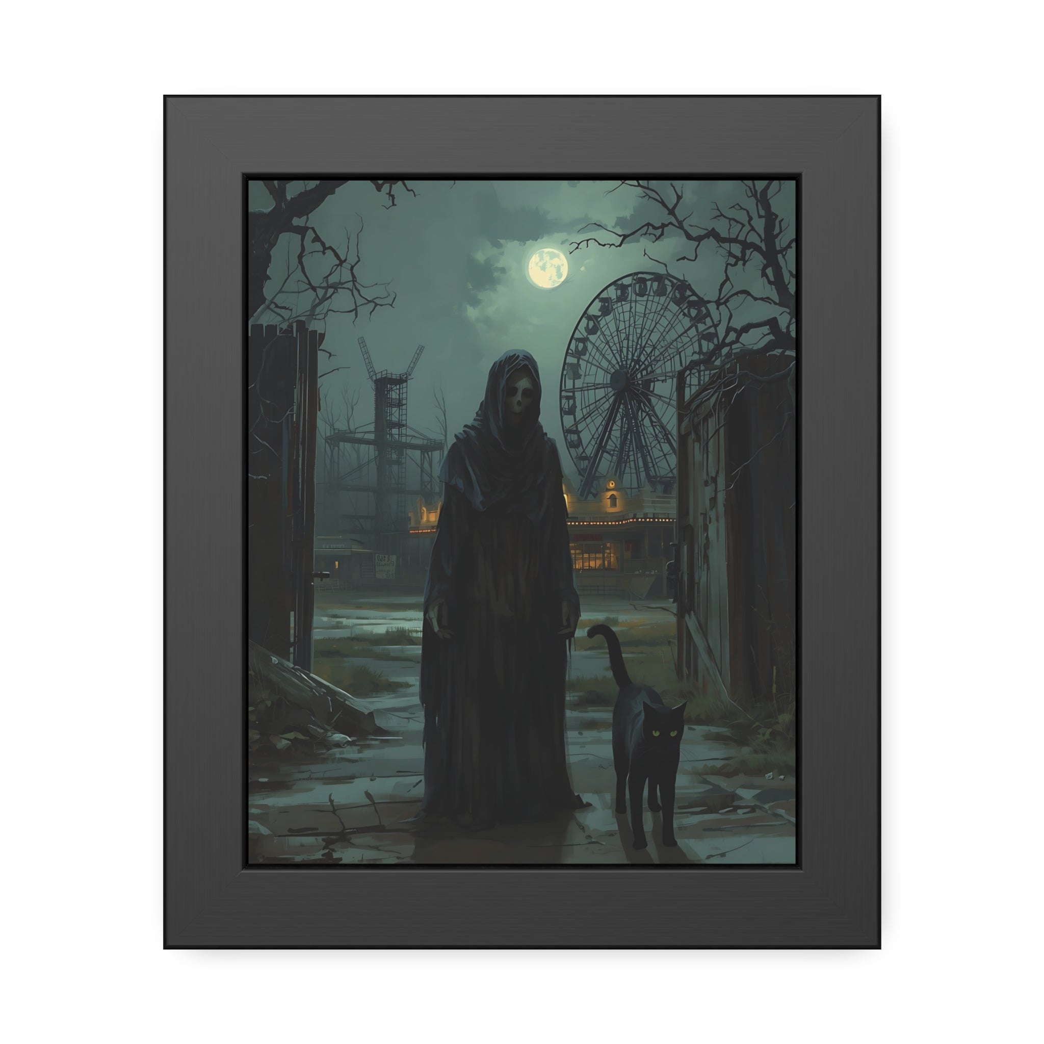 Framed artwork of a ghostly figure and cat in a dark, eerie landscape with a ferris wheel in the background.