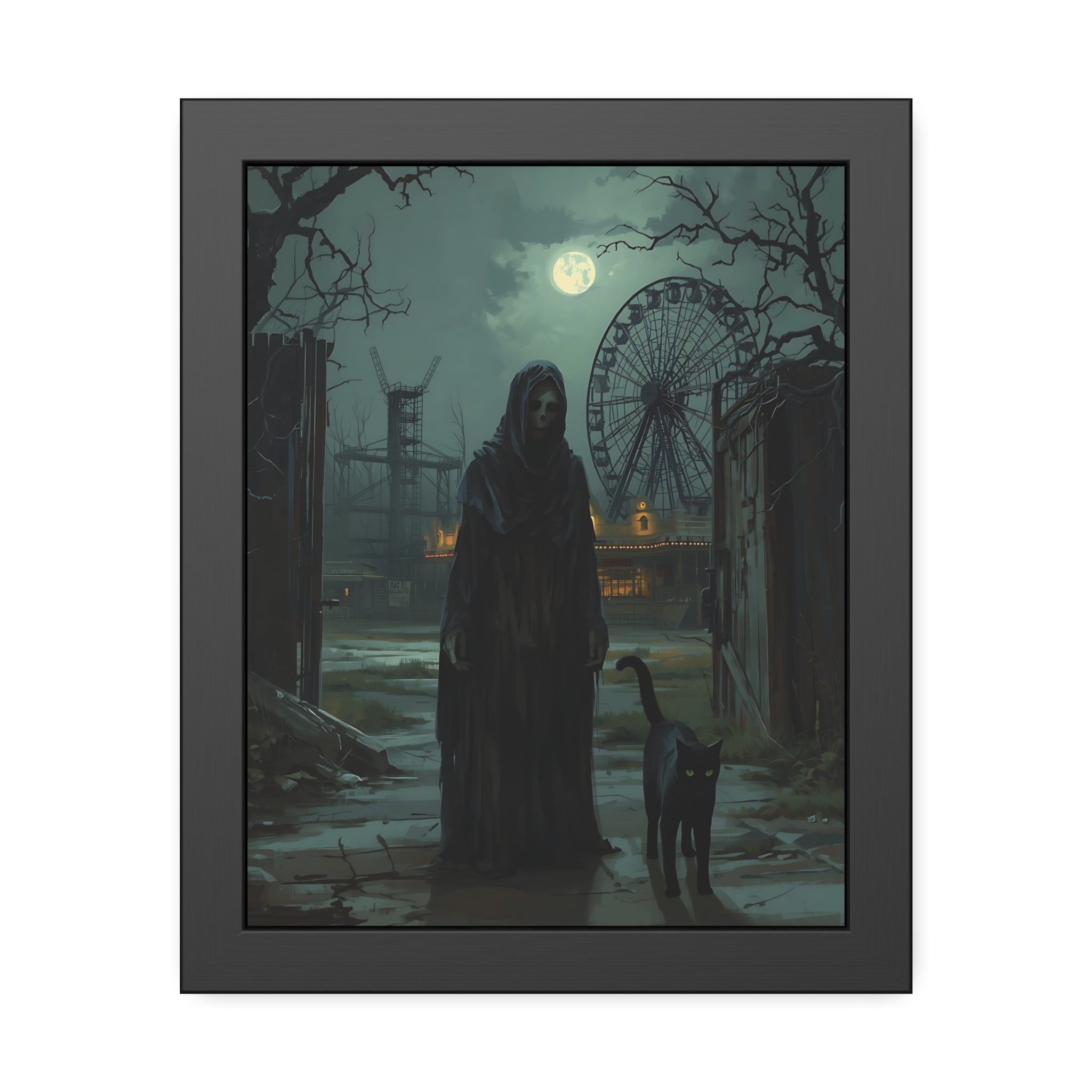 Framed artwork of a ghostly figure and cat in a dark, eerie landscape with a ferris wheel.