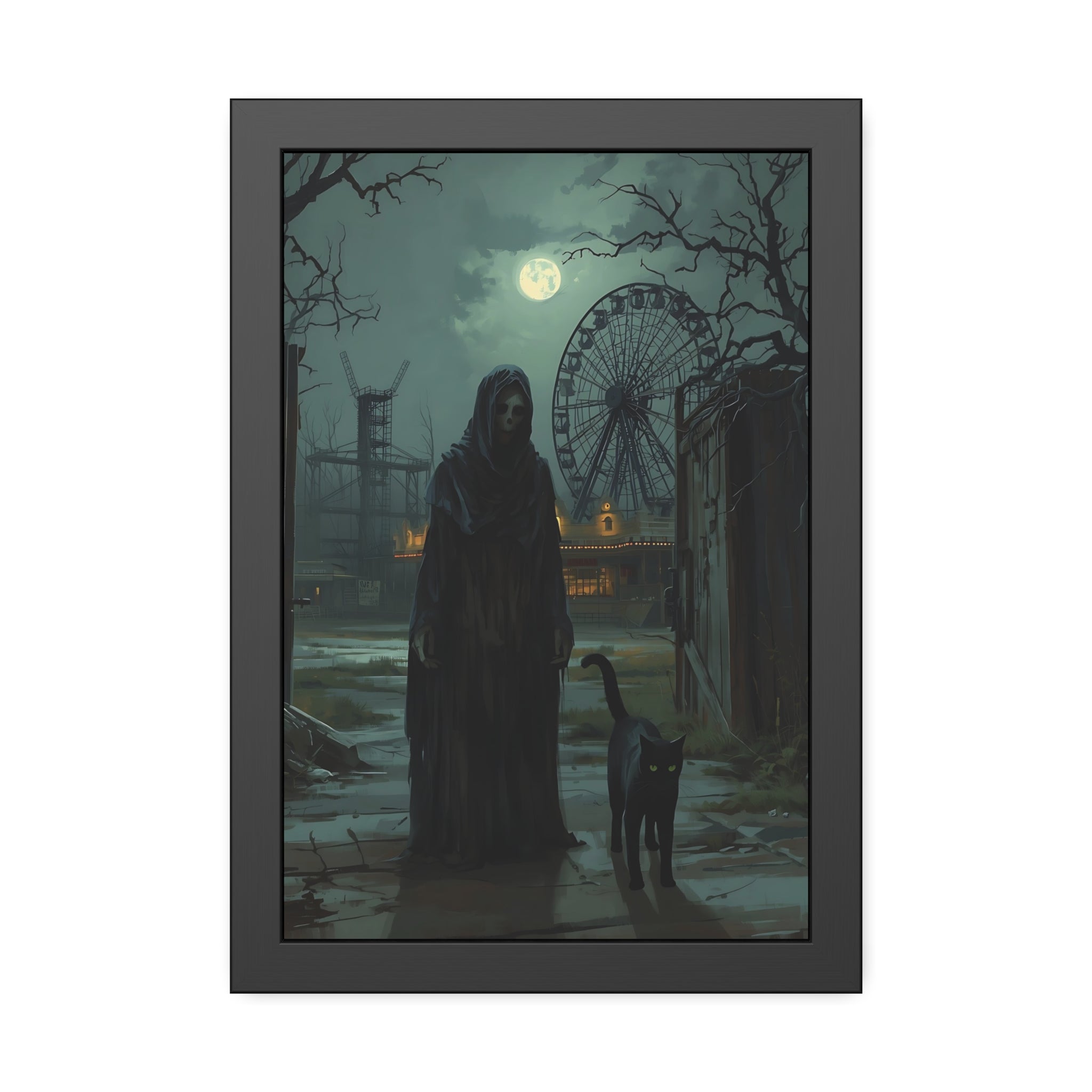 Framed artwork of a hooded figure and black cat in a dark, eerie landscape with a ferris wheel in the background.