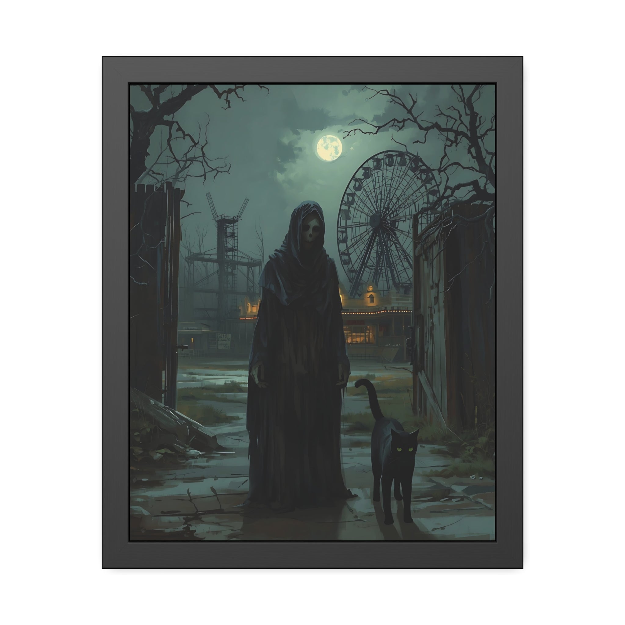Framed artwork of a ghostly figure and cat in an eerie amusement park setting with a ferris wheel and moonlit sky.