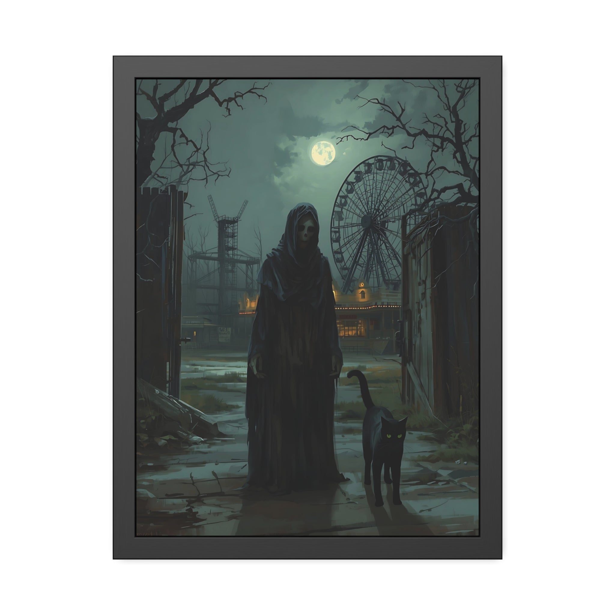 Dark, eerie scene with a hooded figure and a dog near a Ferris wheel under a moonlit sky.