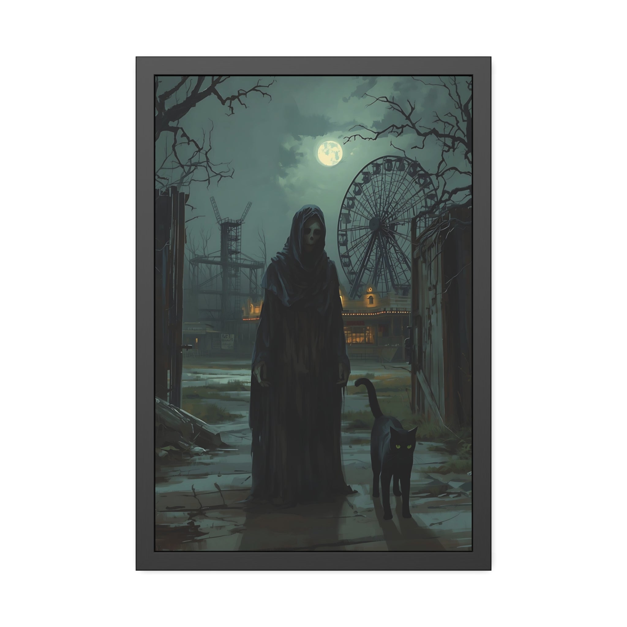 Framed artwork of a ghostly figure with a cat in a dark, eerie setting with a ferris wheel.