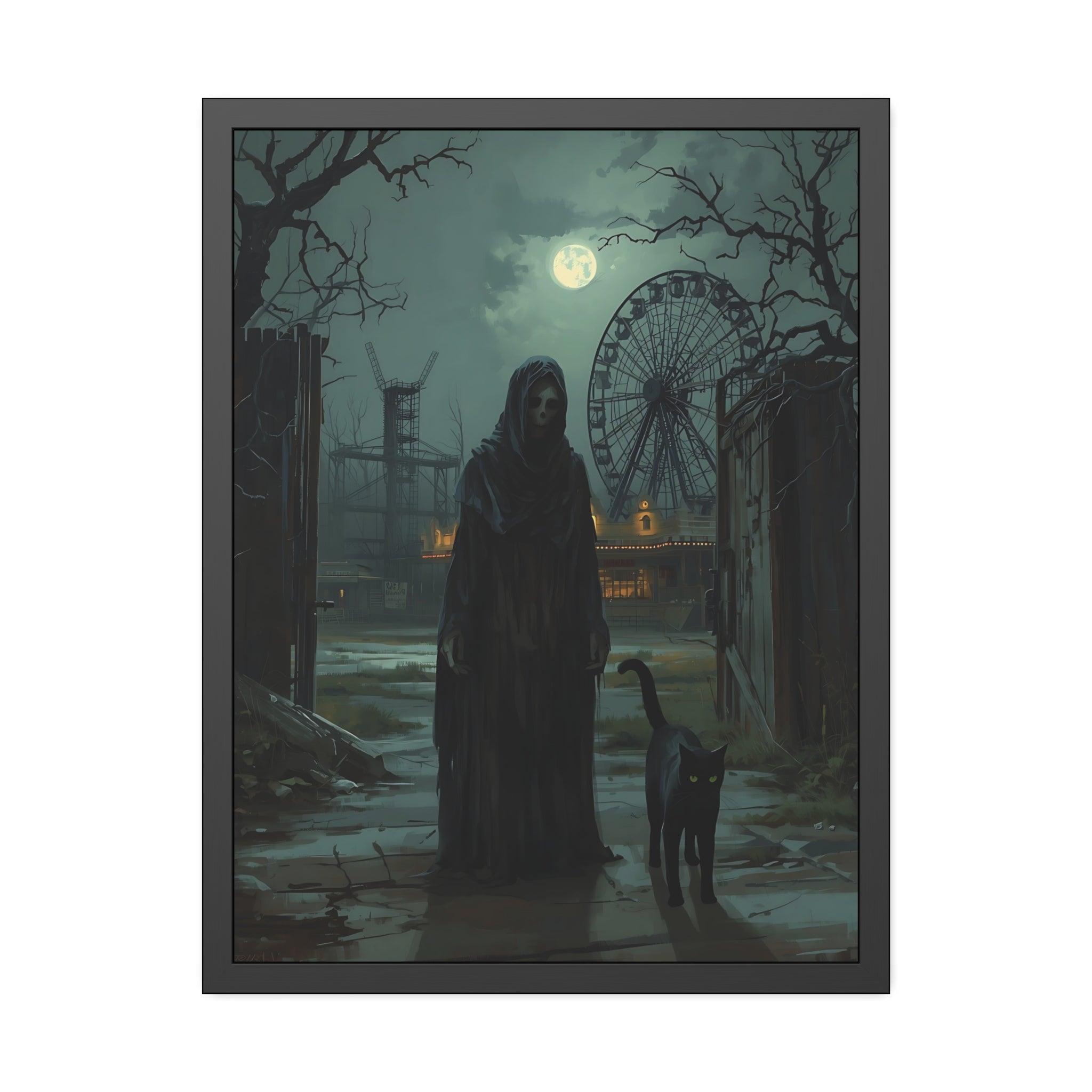 Dark, eerie scene with a ghostly figure and a cat near a Ferris wheel under a moonlit sky.