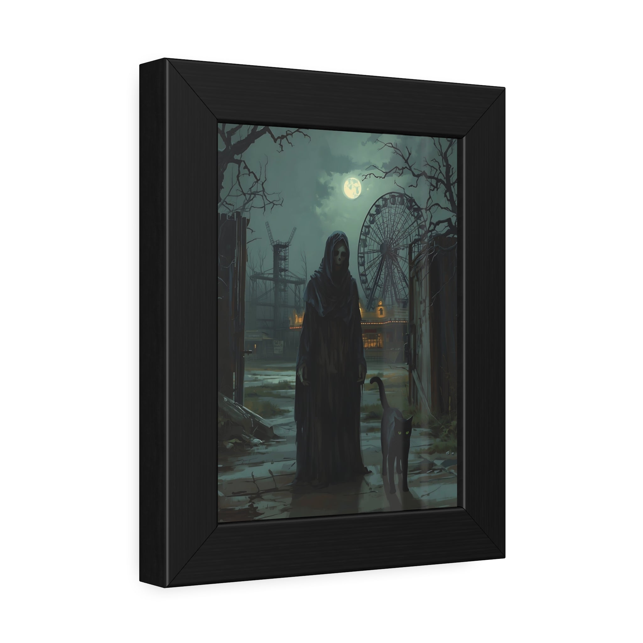 Framed artwork of a dark scene with a hooded figure and Ferris wheel under a moonlit sky.