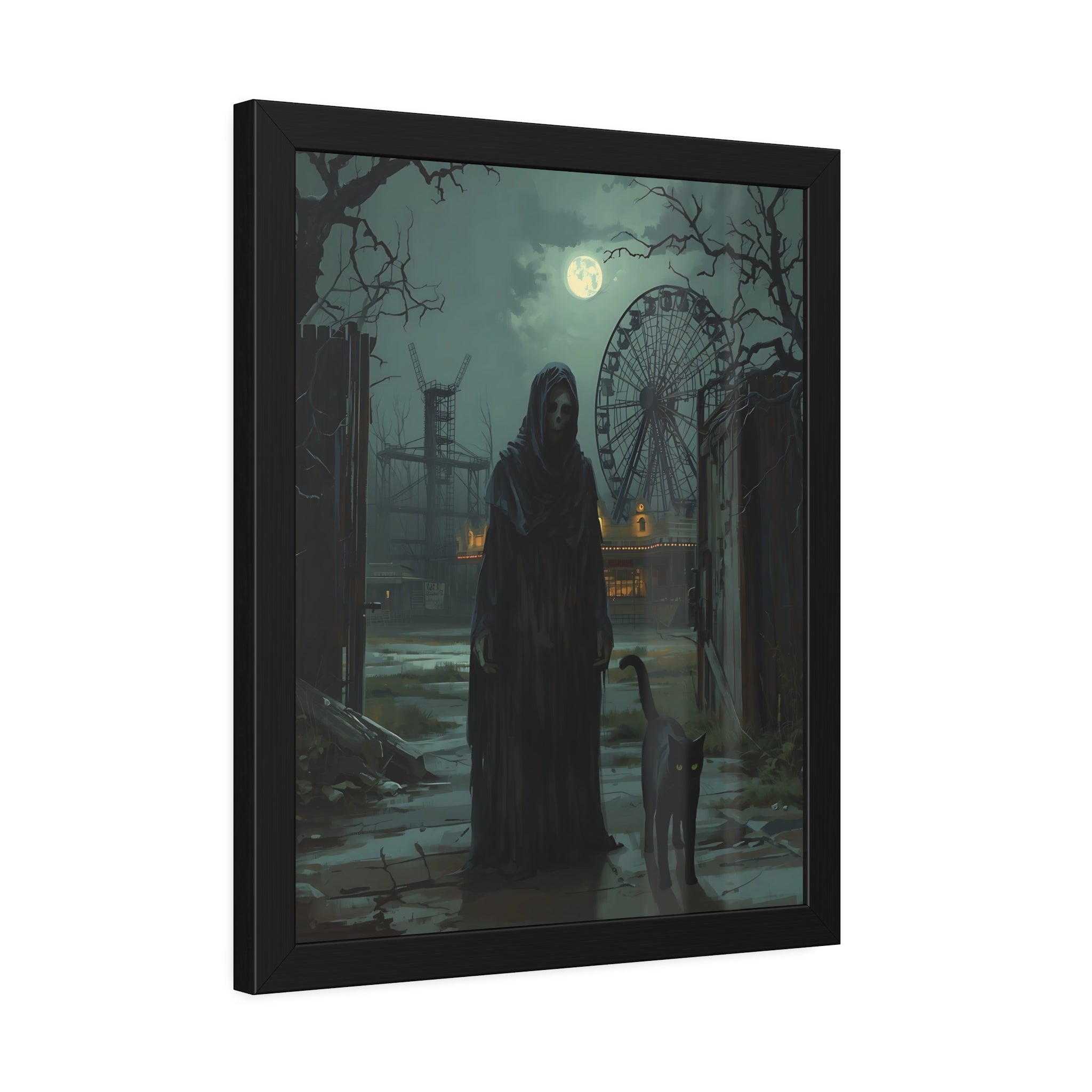 Framed artwork of a figure in a dark robe standing in a desolate, eerie landscape with a ferris wheel in the background.