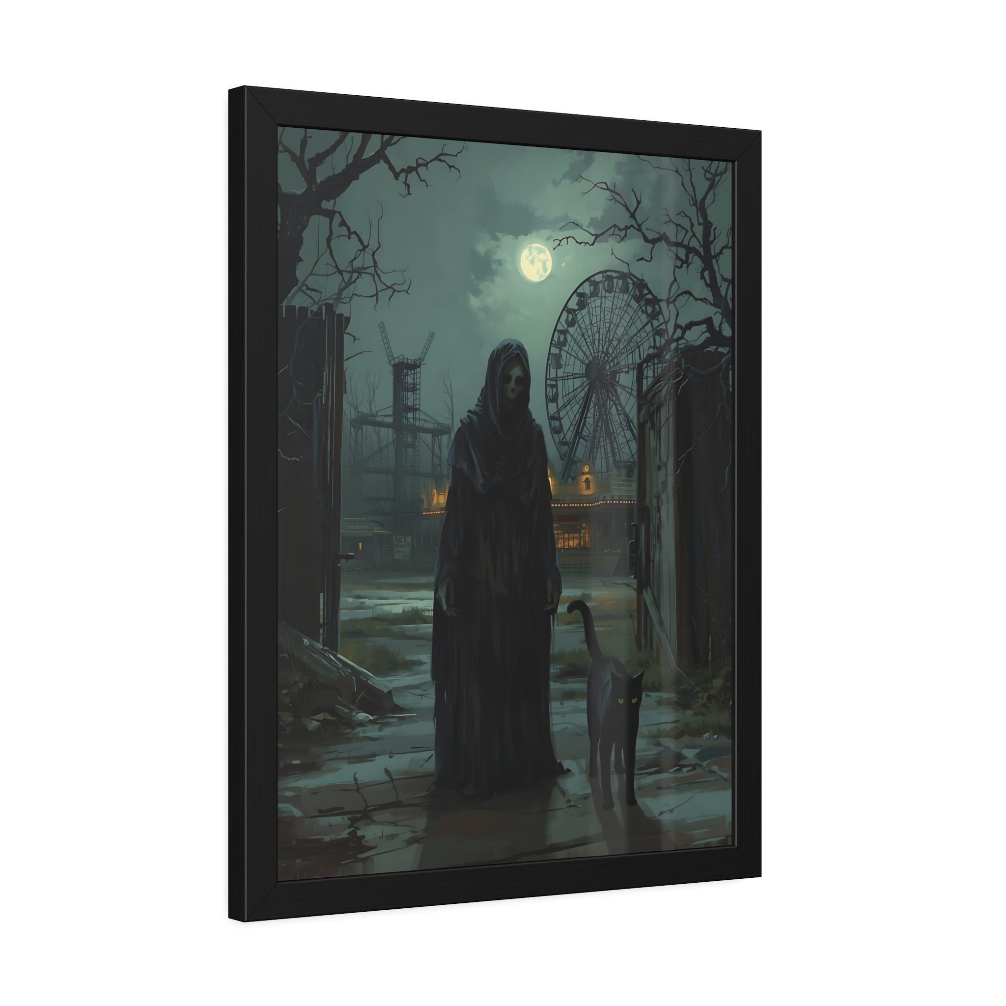 Framed artwork of a hooded figure with a ferris wheel in the background