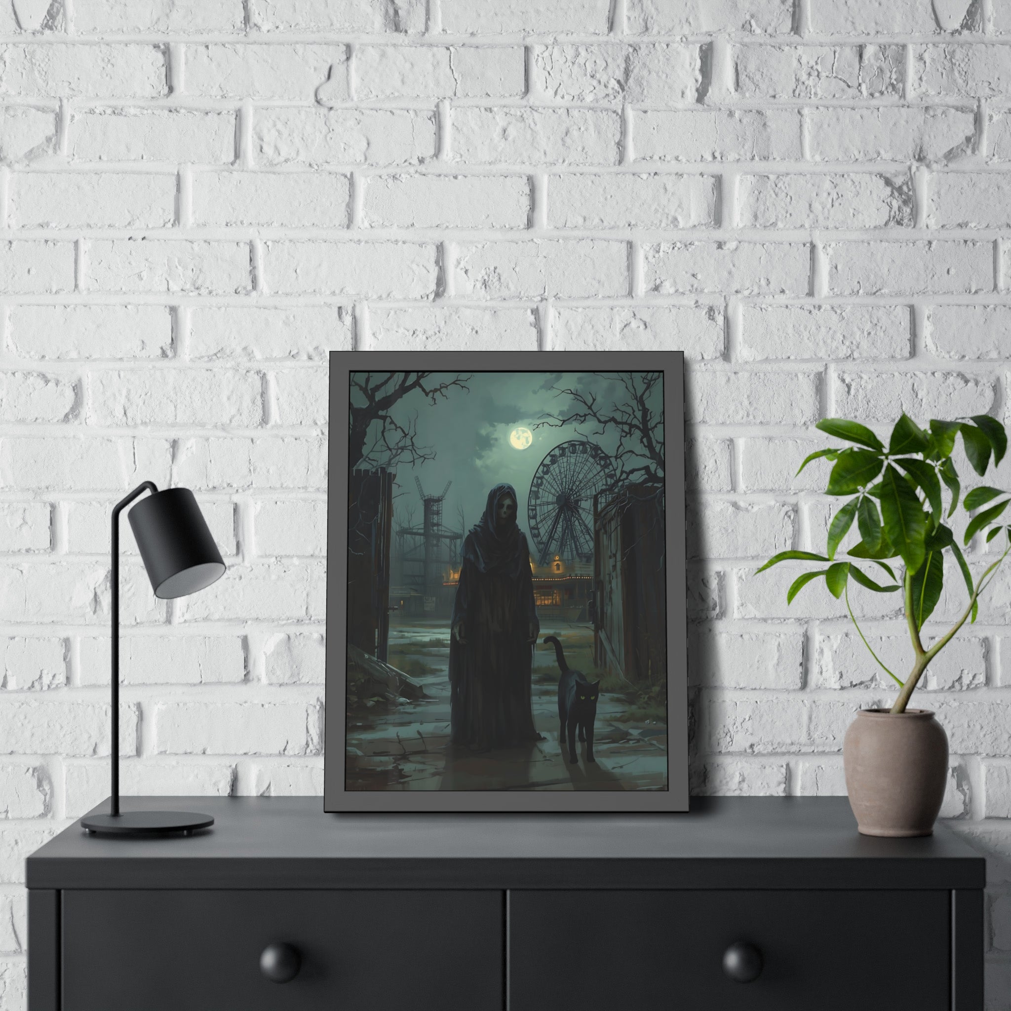 Framed artwork of a woman and dog by a carnival ride on a white brick wall with a black lamp and plant.