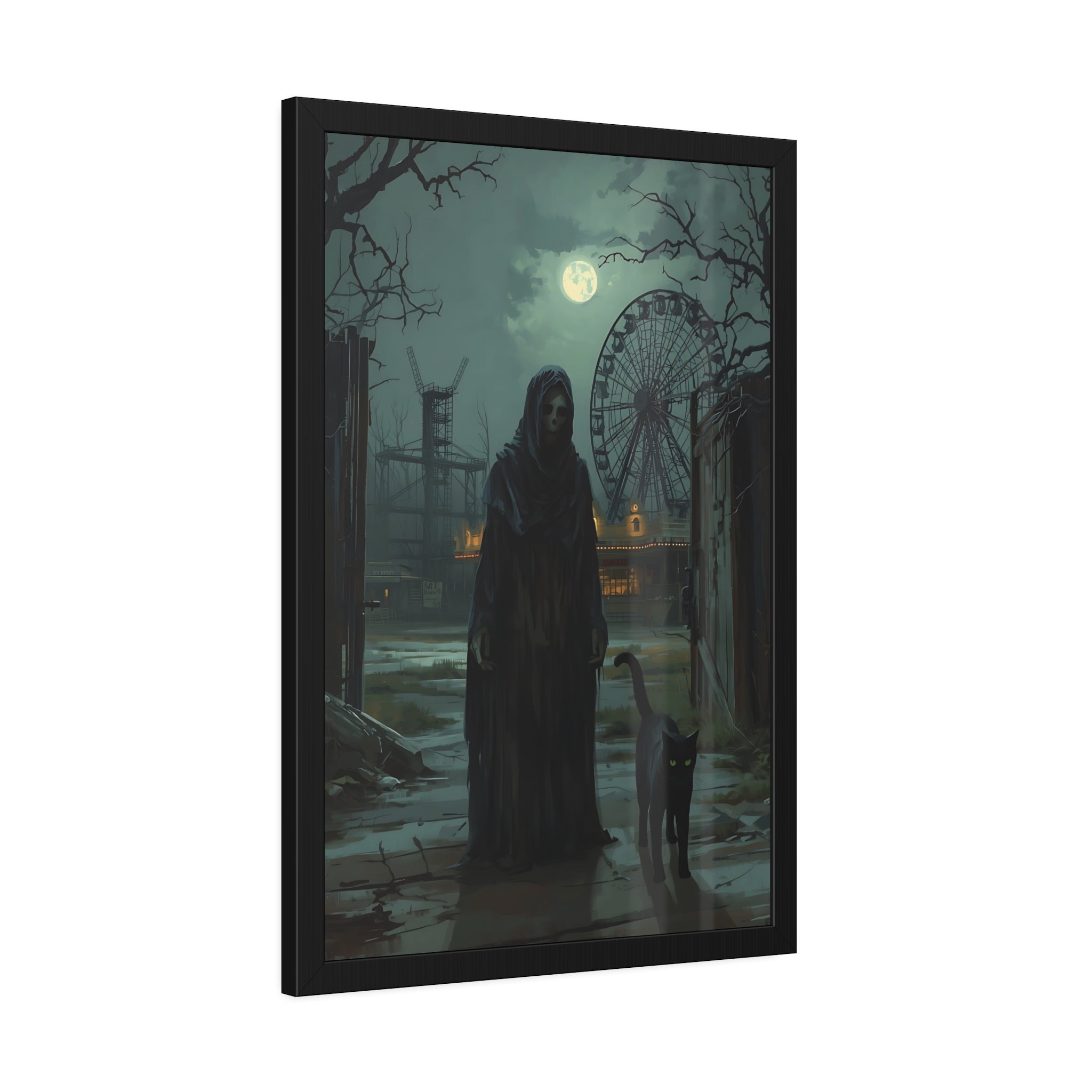 Framed artwork of a hooded figure with a ferris wheel in the background