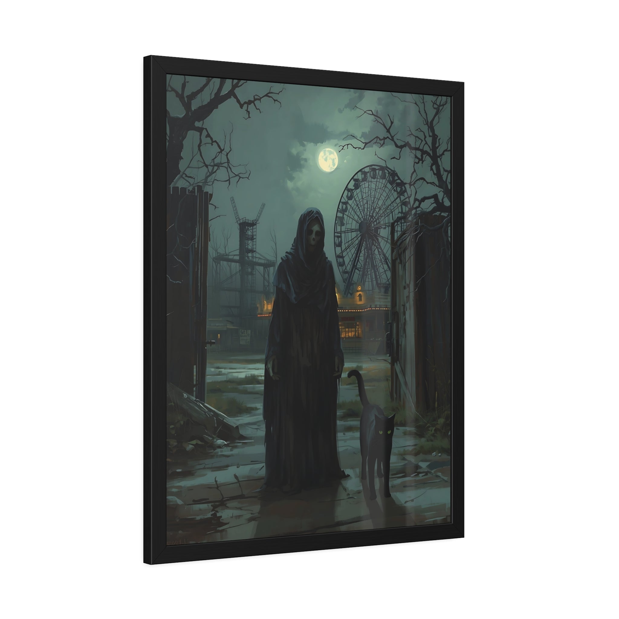 Framed artwork of a hooded figure with a dog in a dark, eerie landscape with a ferris wheel.