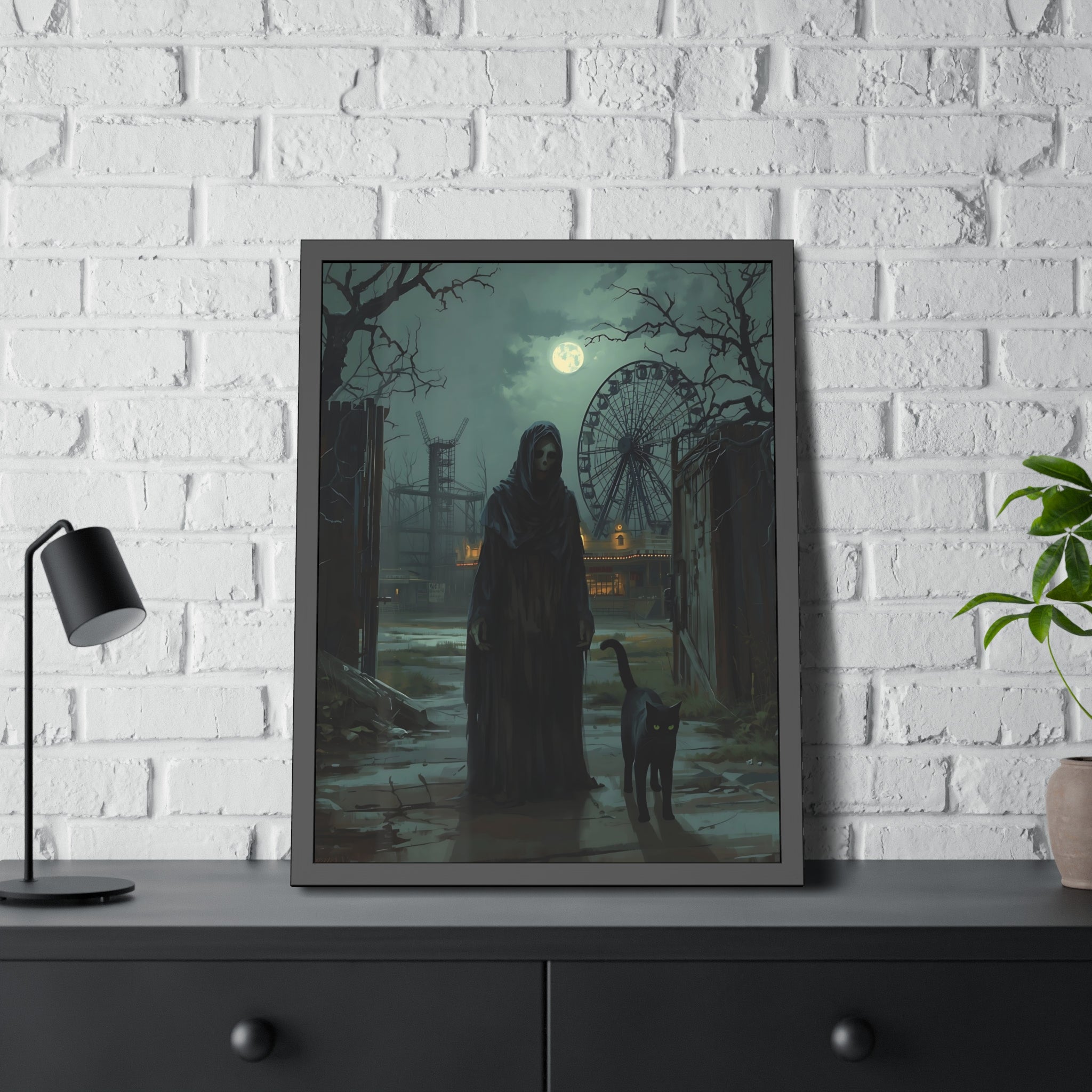 Framed artwork of a silhouette with a dog in front of a Ferris wheel on a white brick wall.