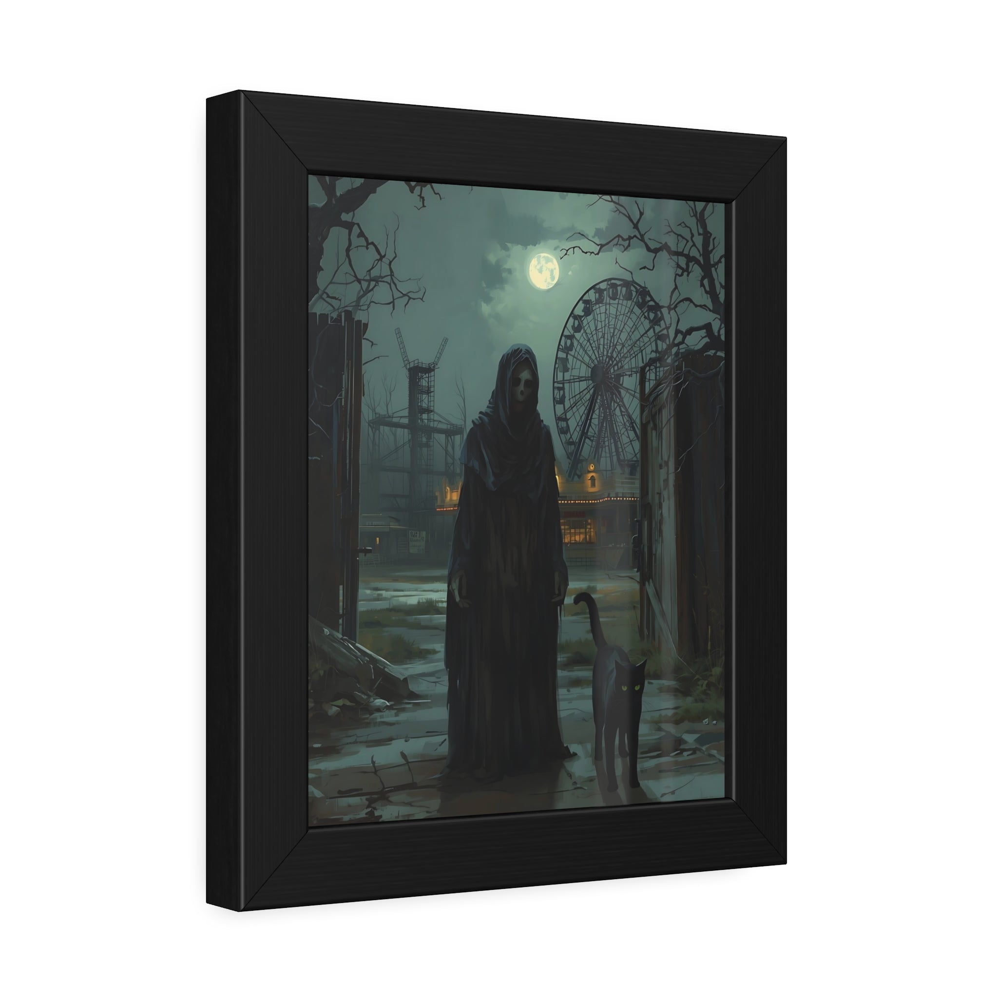 Framed artwork of a dark, eerie scene with a figure in a hooded cloak and ferris wheel in the background.