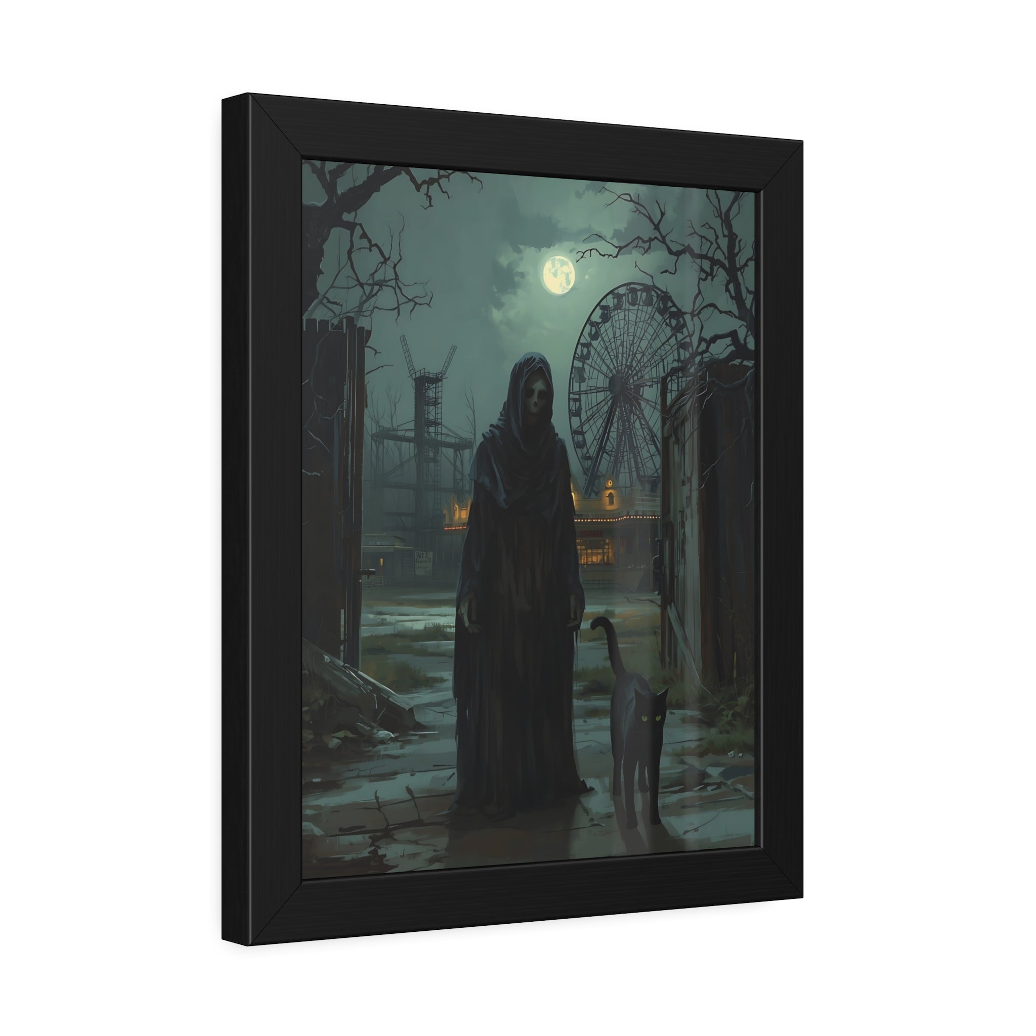 Framed artwork of a ghostly figure with a Ferris wheel in the background