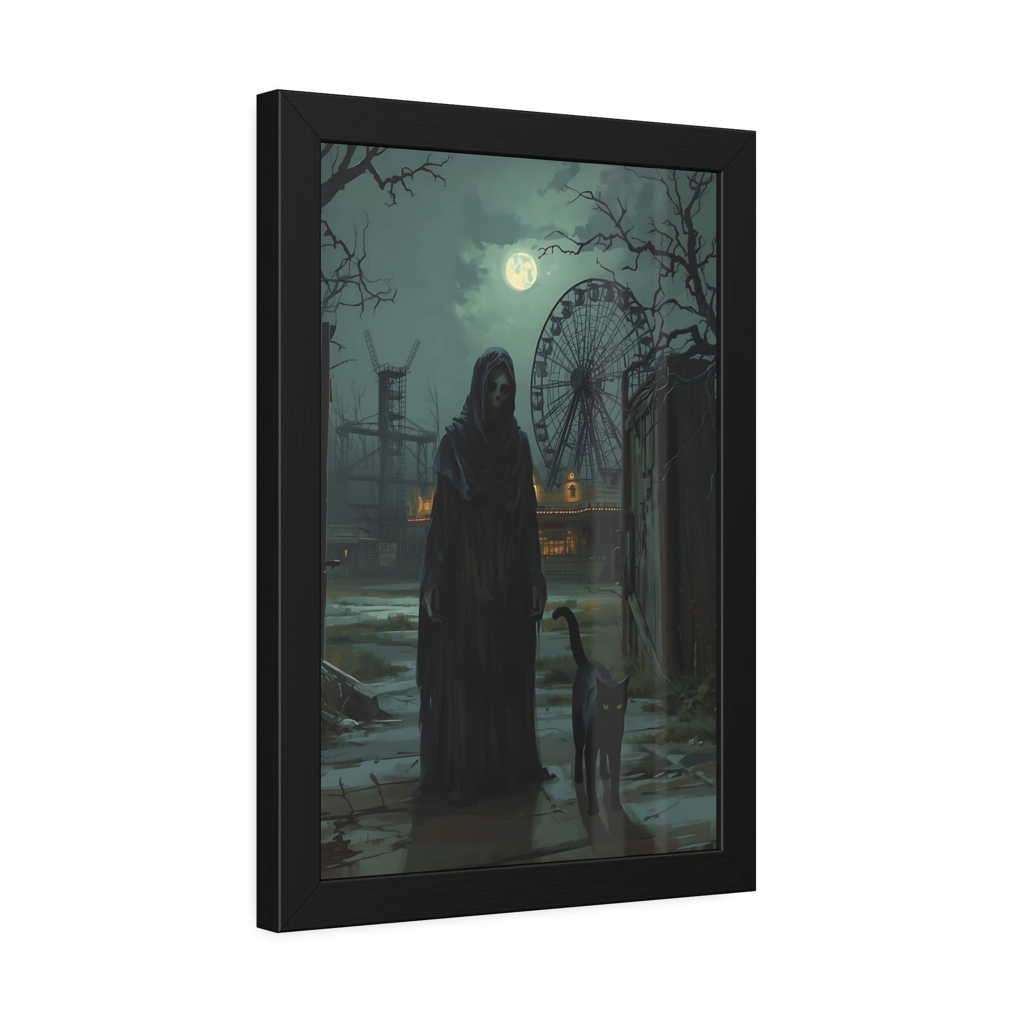 Framed artwork of a ghostly figure with a cat in a dark, eerie setting with a Ferris wheel in the background.