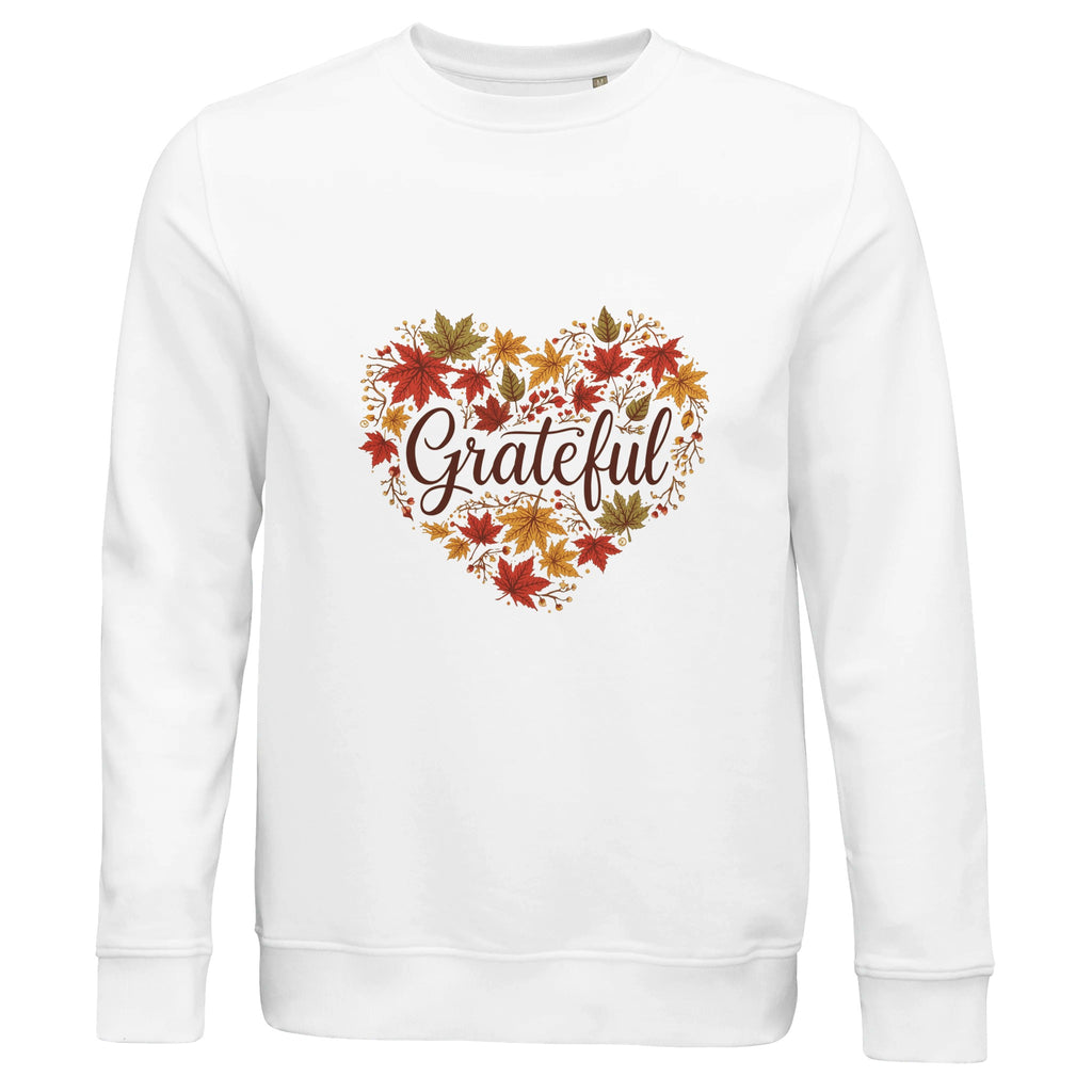 White sweatshirt with a heart design of leaves and 'Grateful' text on a white background