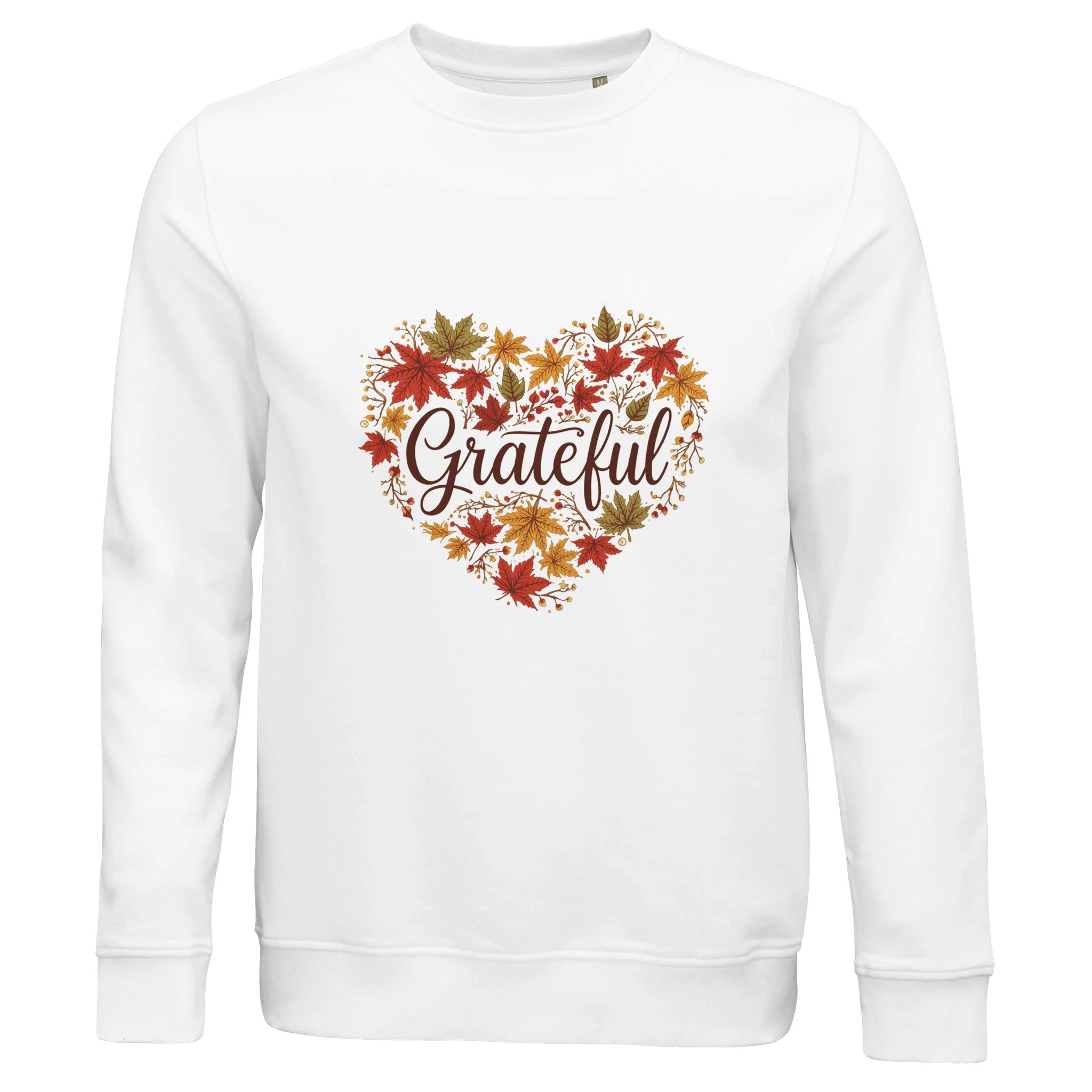 White sweatshirt with a heart design of leaves and 'Grateful' text on a white background
