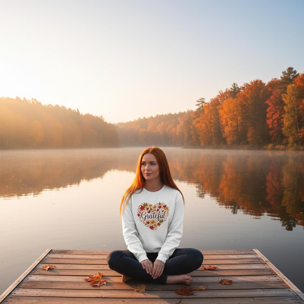 Woman sitting on a dock by a lake with autumn foliage