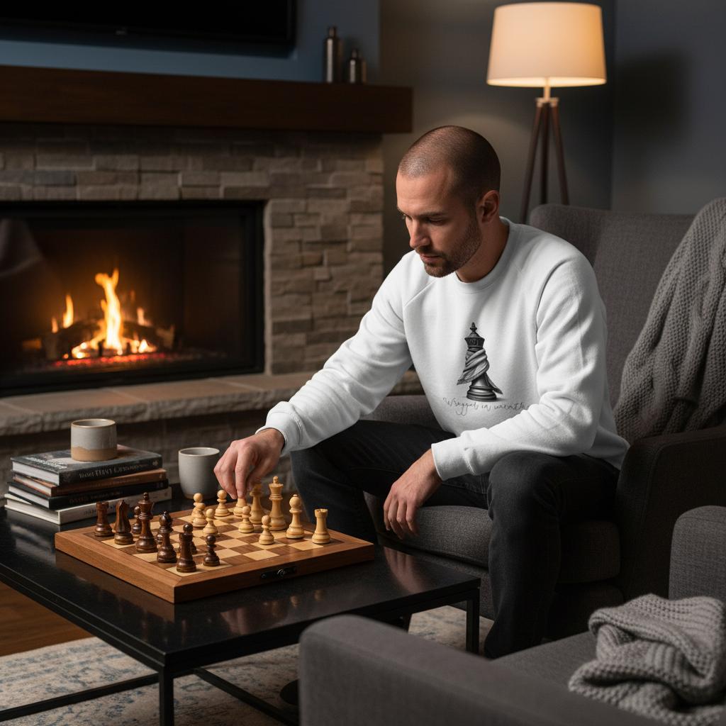 Man playing chess in a cozy living room with a fireplace.