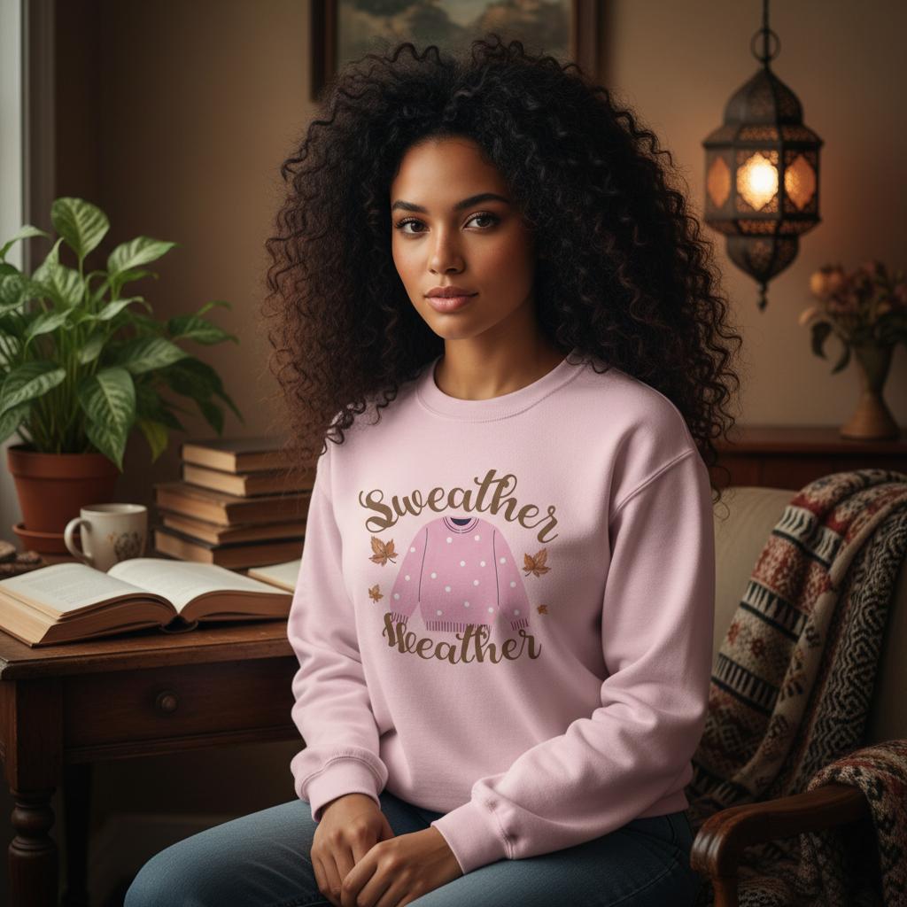 Woman wearing a pink sweatshirt with text and graphics, sitting in a cozy room.