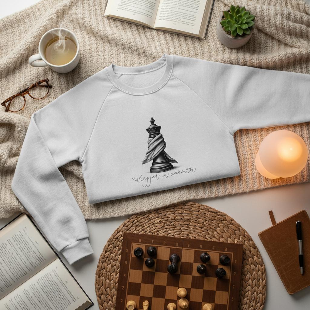 White sweatshirt with chess piece design on a cozy surface with books and a cup.