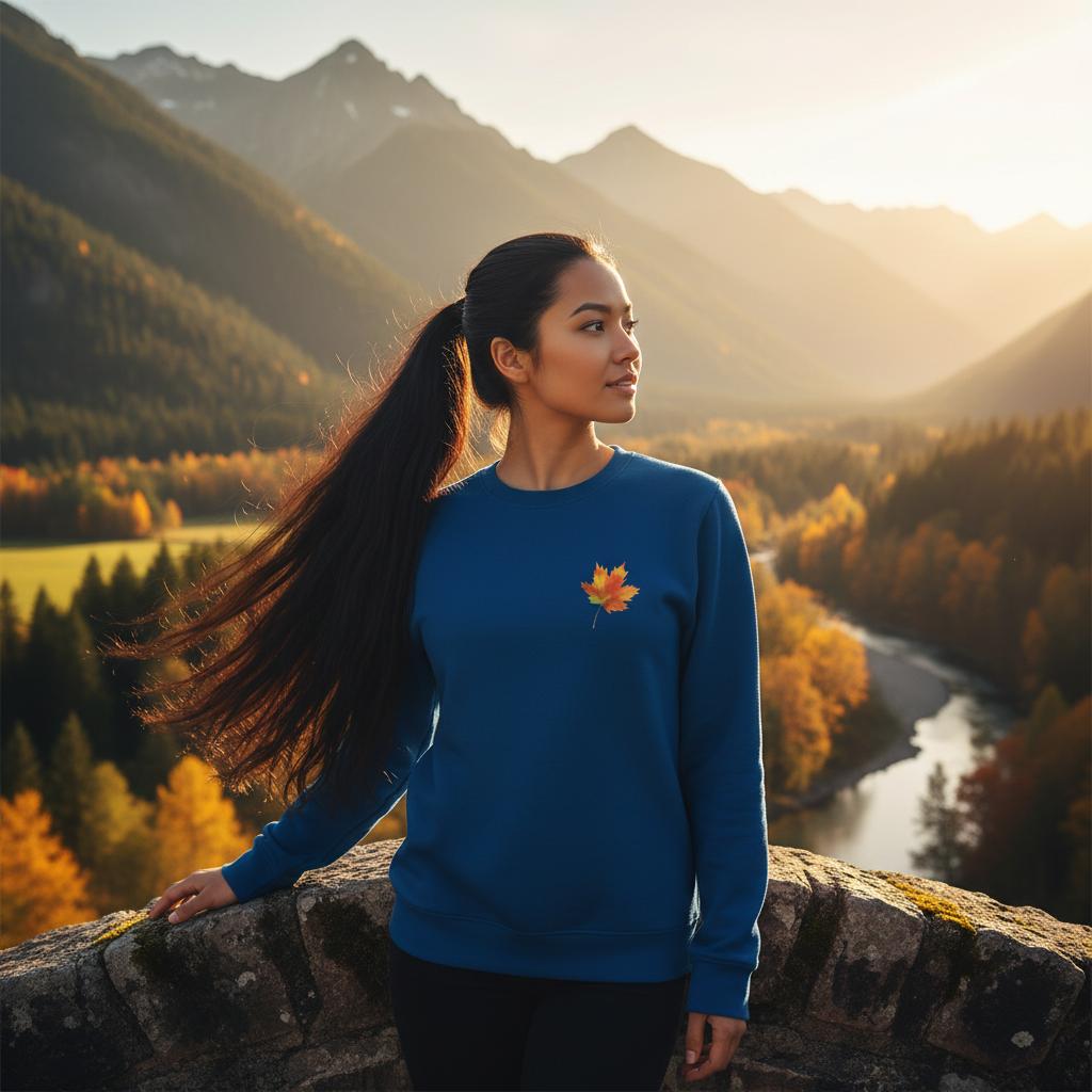 Woman in a blue sweatshirt with a maple leaf design standing in a mountainous landscape.